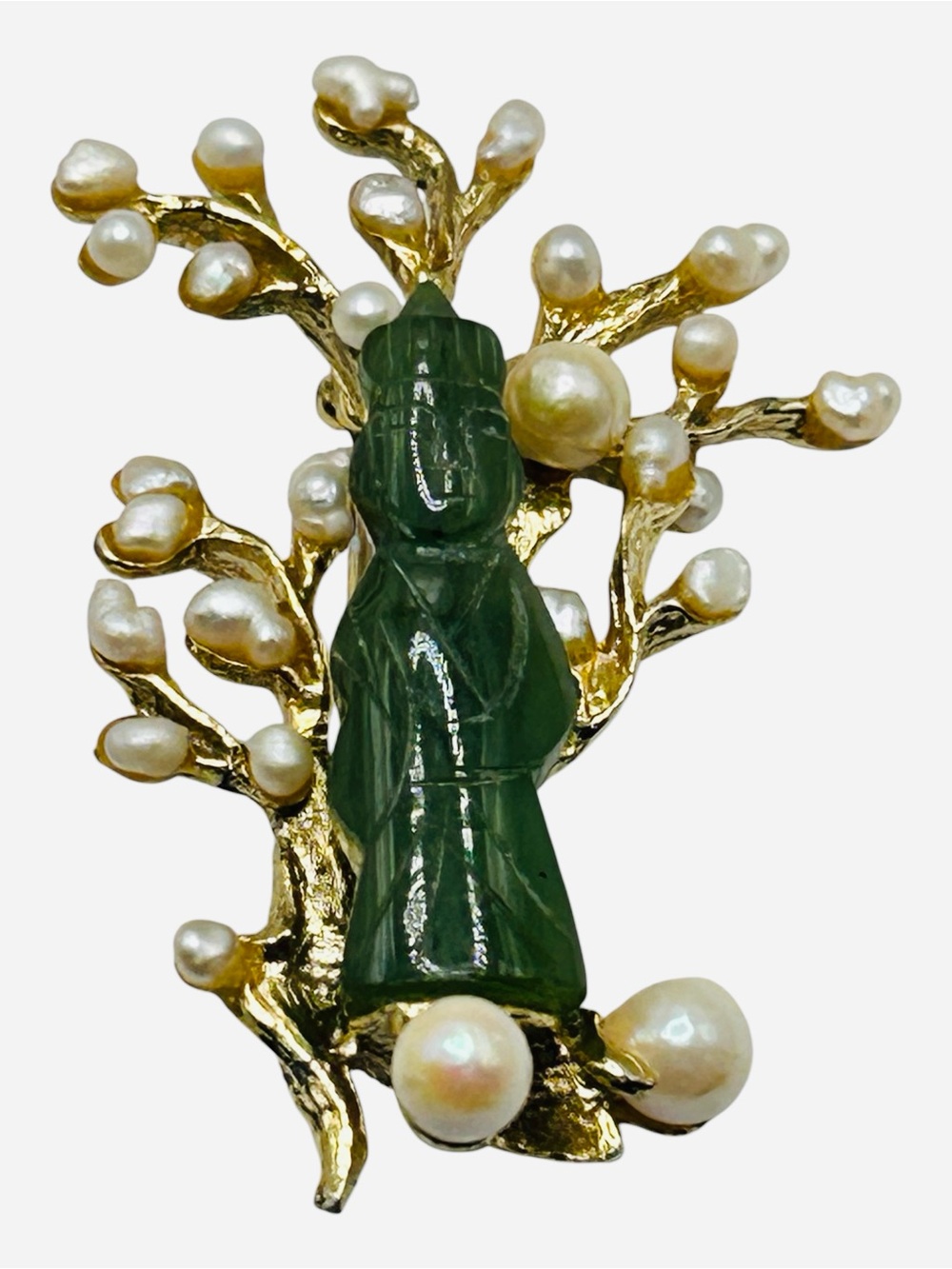 Vintage Swoboda Jade and Pearl Oriental Figural Brooch